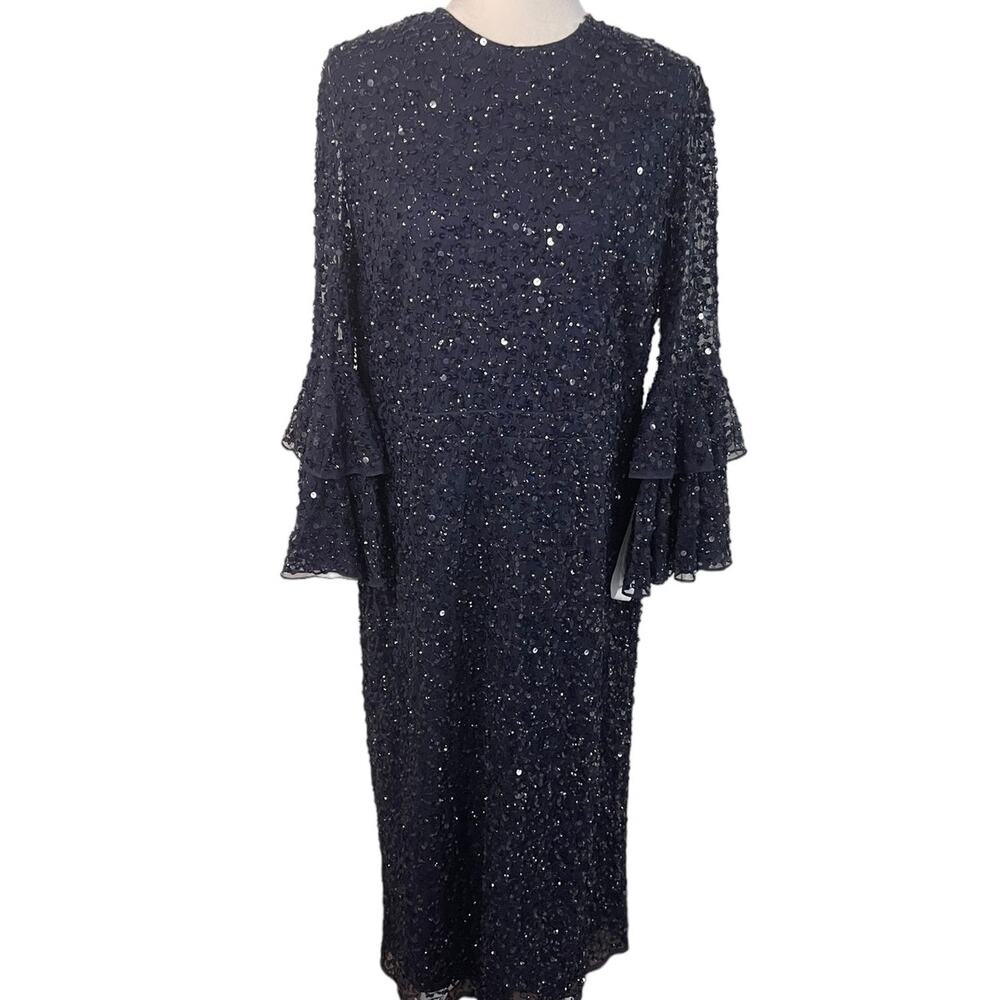 NWT Mac Duggal Navy sequins and beaded gown with flutter sleeves - 14